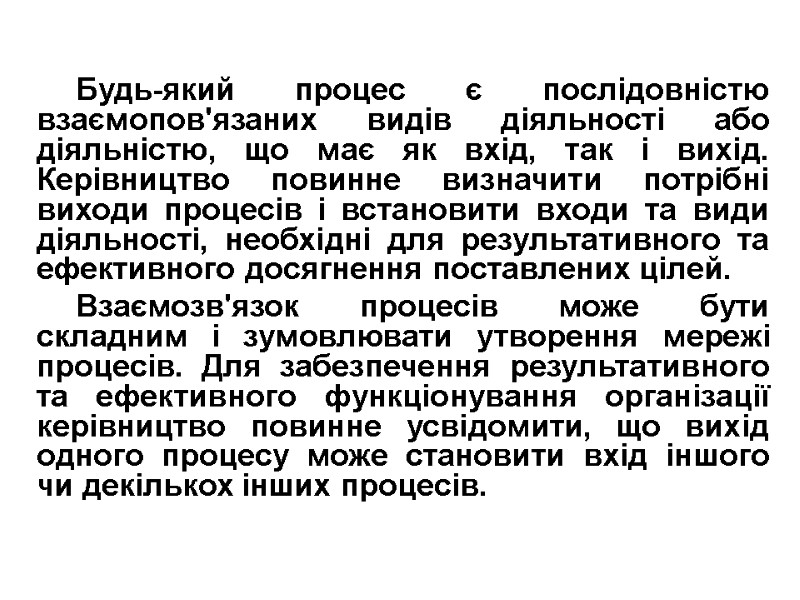 Будь-який процес є послідовністю взаємопов'язаних видів діяльності або діяльністю, що має як вхід, так